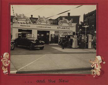 (LANCASTER, PENNSYLVANIA) A scrapbook with 28 photographs entitled The Old and the New, made for the re-opening of a gas station.